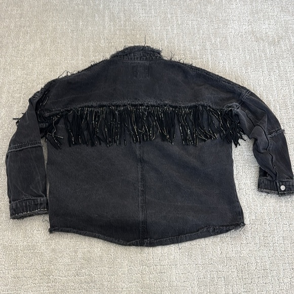 Zara Rhinestone Fringe Black Denim Jacket Jean Western Country Rodeo jeweled - Picture 7 of 8